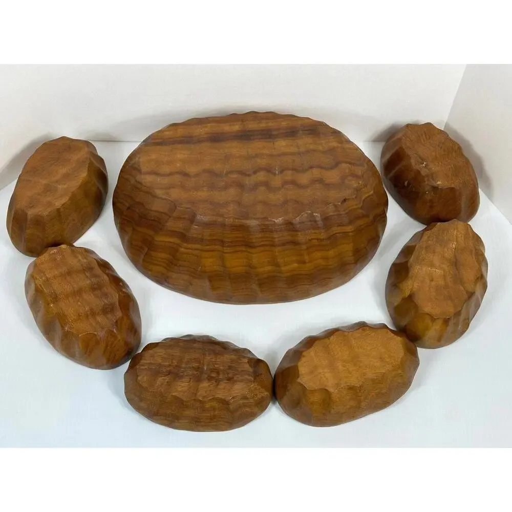 Vintage Wavy Oval Real Teak Wood Salad‎ Bowl Set Gorgeous Wood Grain 9 Niece
